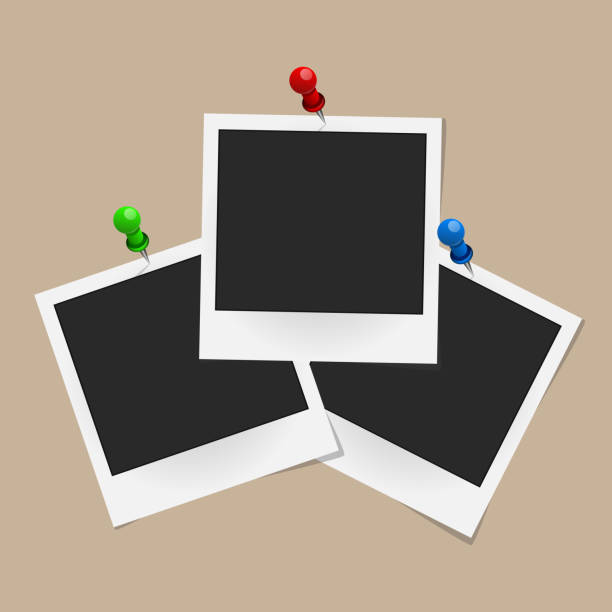 istock Set of realistic vector photo frames on colored pins isolated on beige background. Template photo design. Vector illustration 861988034