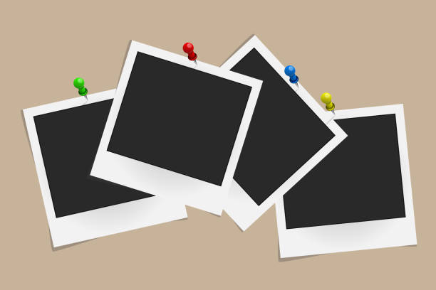 istock Set of realistic vector photo frames on colored pins isolated on beige background. Template photo design. Vector illustration 861988508