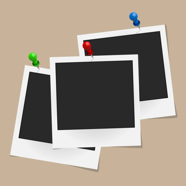 istock Set of realistic vector photo frames on colored pins isolated on beige background. Template photo design. Vector illustration 861988540