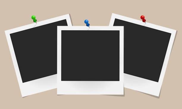 istock Set of realistic vector photo frames on colored pins isolated on beige background. Template photo design. Vector illustration 861989168