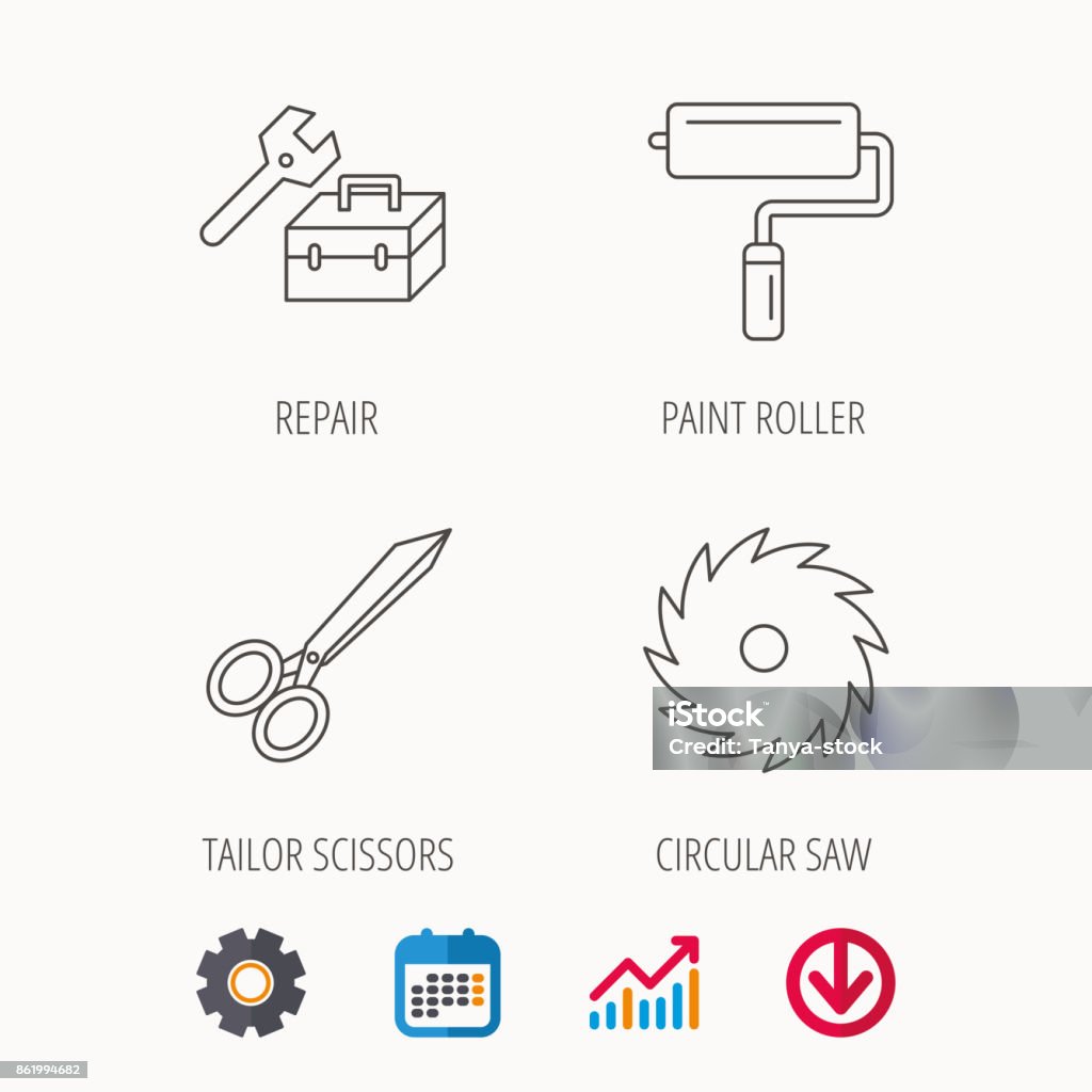 Scissors, paint roller and repair tools icons. Scissors, paint roller and repair tools icons. Circular saw linear sign. Calendar, Graph chart and Cogwheel signs. Download colored web icon. Vector Analyzing stock vector