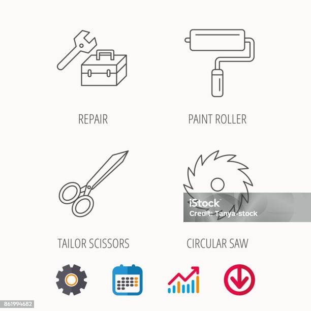 Scissors Paint Roller And Repair Tools Icons Stock Illustration - Download Image Now - Analyzing, Box - Container, Calendar