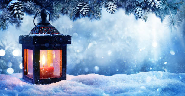 istock Christmas Lantern On Snow With Fir Branch In Evening Scene 861994824