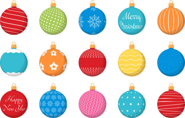 Colored Christmas Balls 15 Colored Christmas balls with different textures, flat style, vector eps10 illustration christmas ornament stock illustrations