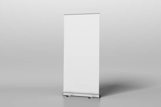 Blank white roll up banner stand Blank roll up banner stand isolated on white. Include clipping path around ad banner. 3d illustration hoisting stock pictures, royalty-free photos & images