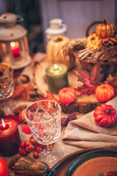 istock Decorated Table for Thanksgiving Dinner with Candles, Pumpkins, Leafs and Nuts 861997864
