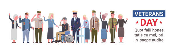 veterans day feier nationalen amerikanischen urlaub banner mit gruppe von militärischen rentner - vet stock-grafiken, -clipart, -cartoons und -symbole