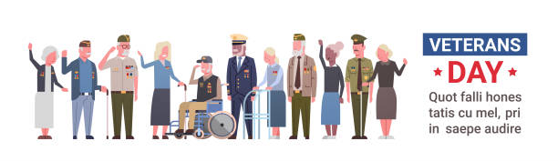 ilustrações, clipart, desenhos animados e ícones de dia dos veteranos celebração nacional americano de férias banner com grupo de militares reformados - armed forces illustrations