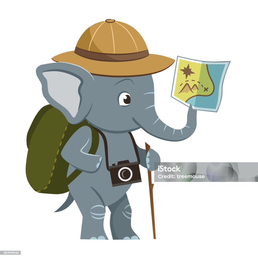 Vector cartoon character illustration of a cute little elephant wearing explorer hat, backpack and photo camera, holding a map in its trunk. Outdoor, camping, nature, sightseeing, exploring concept. Explorer stock vector