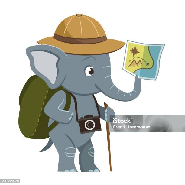 Vector Cartoon Character Illustration Of A Cute Little Elephant Wearing Explorer Hat Backpack And Photo Camera Holding A Map In Its Trunk Outdoor Camping Nature Sightseeing Exploring Concept Stock Illustration - Download Image Now