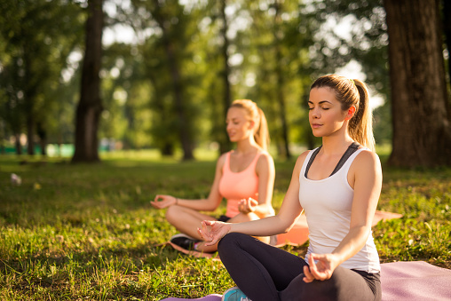 Two friends meditating while doing yoga in the park.