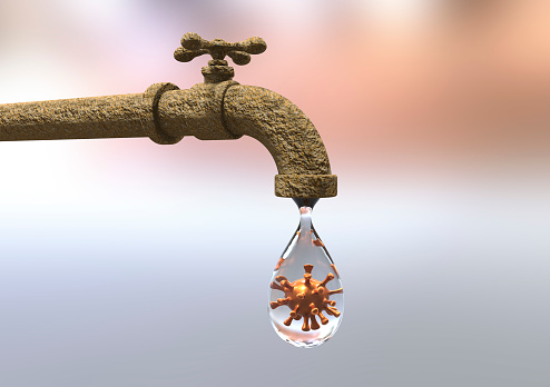 Safety of drinking water concept, 3D illustration showing tap with drop of water containing virus