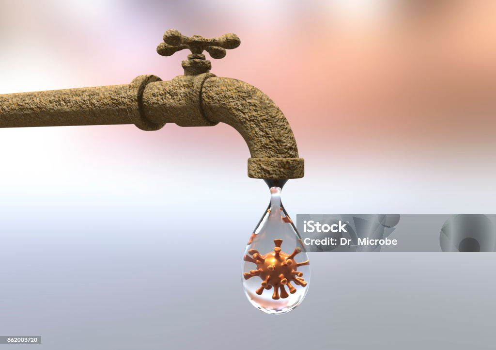 Safety of drinking water concept Safety of drinking water concept, 3D illustration showing tap with drop of water containing virus Cholera Stock Photo