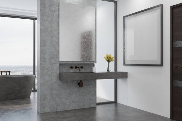 istock Concrete bathroom, gray tub and sink side 862006290