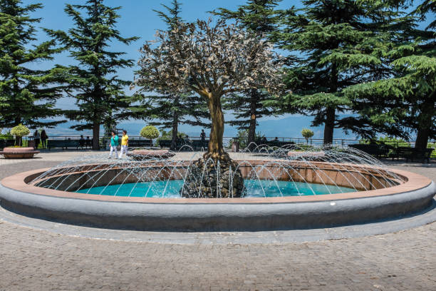 Tbilisi, Georgia, Eastern Europe - July 15th, 2015 : Water fountain feature located at Mtatsminda Park on Mtatsminda mountain, overlooking the city of Tbilisi.