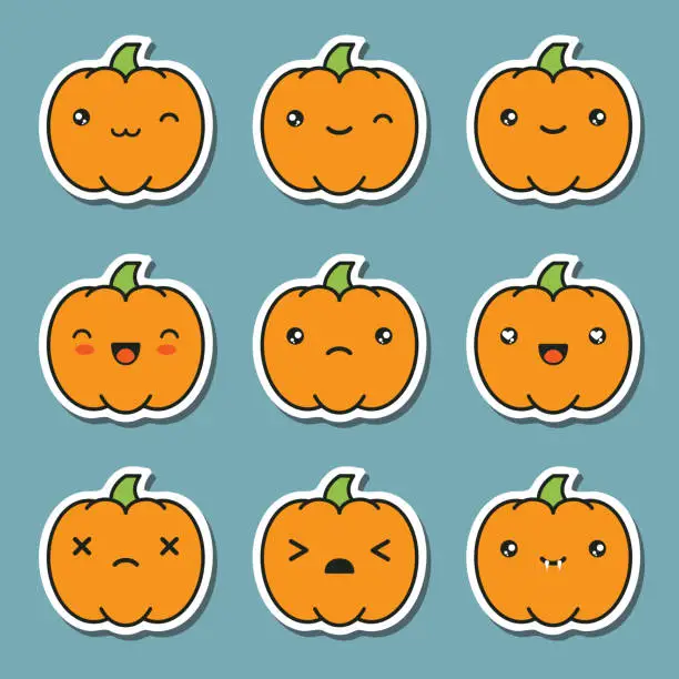 Vector illustration of Halloween kawaii cute pumpkin icons isolated on white background.