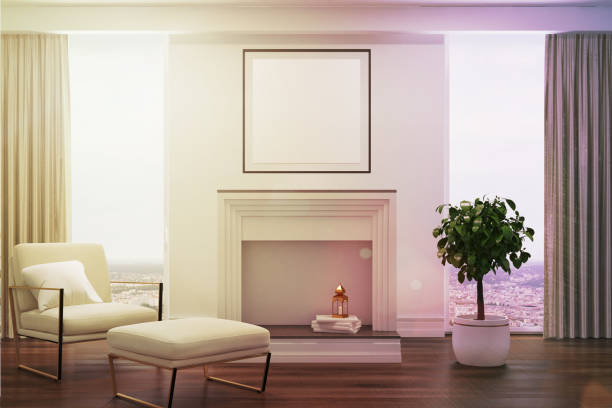 istock White living room, white armchair, fireplace toned 862007292