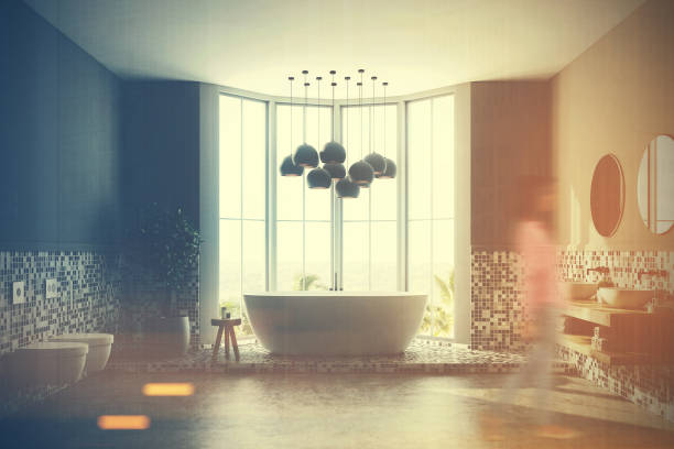 istock Gray bathroom interior, tub and sink 862010680
