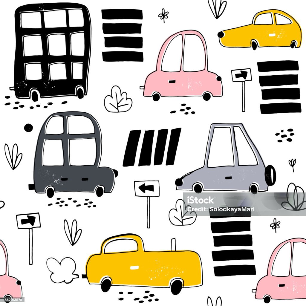 Seamless Pattern With Hand Drawn Cute Car Cartoon Cars Road Signzebra  Crossing Vector Illustrationperfect For Kids Fabrictextilenursery Wallpaper  Stock Illustration - Download Image Now - iStock