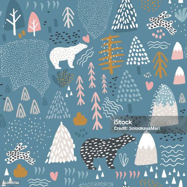 Seamless Pattern With Bunnypolar Bear Forest Elements And Hand Drawn Shapes Childish Texture Great For Fabric Textile Vector Illustration Stock Illustration - Download Image Now