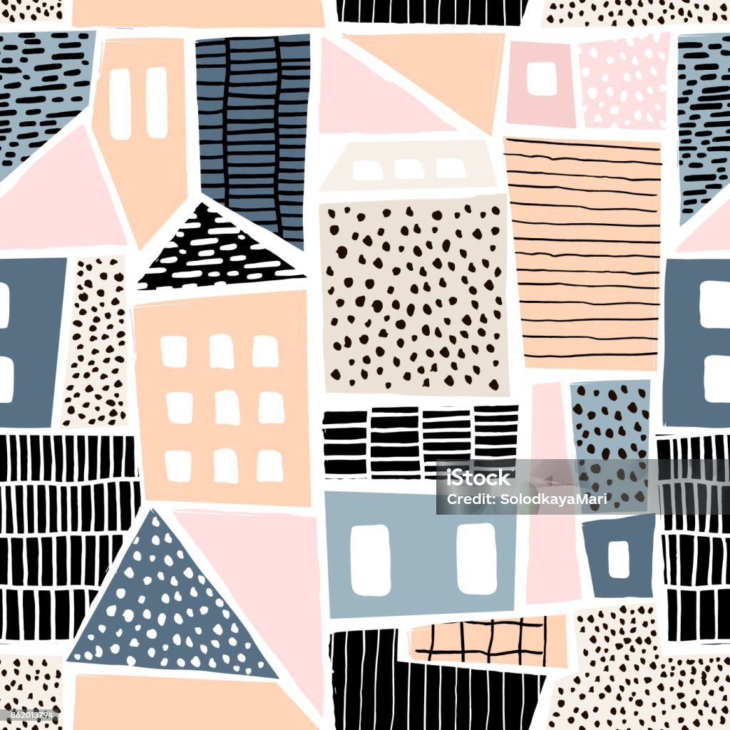 Abstract seamless pattern with houses with hand drawn textures and shapes. Perfect for fabric.textile,wallpaper. Vector Illustration House stock vector