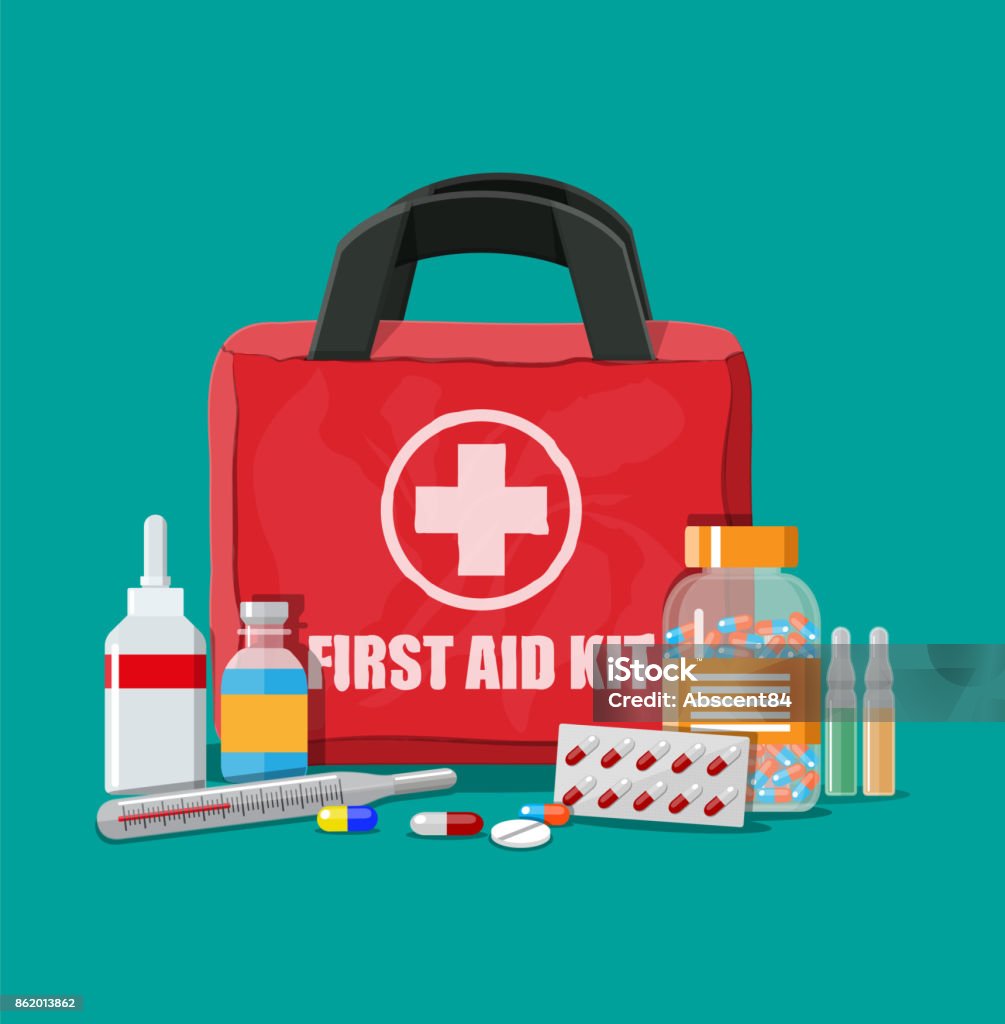 Medical first aid kit with pills and thermometer Medical first aid kit with different pills and thermometer. Healthcare, hospital and medical diagnostics. Urgency and emergency services. Vector illustration in flat style First Aid Kit stock vector