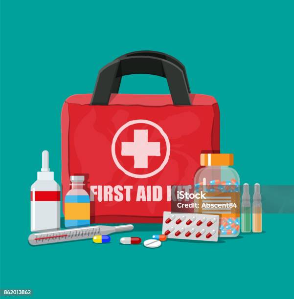 Medical First Aid Kit With Pills And Thermometer Stock Illustration - Download Image Now - First Aid Kit, First Aid, First Aid Sign