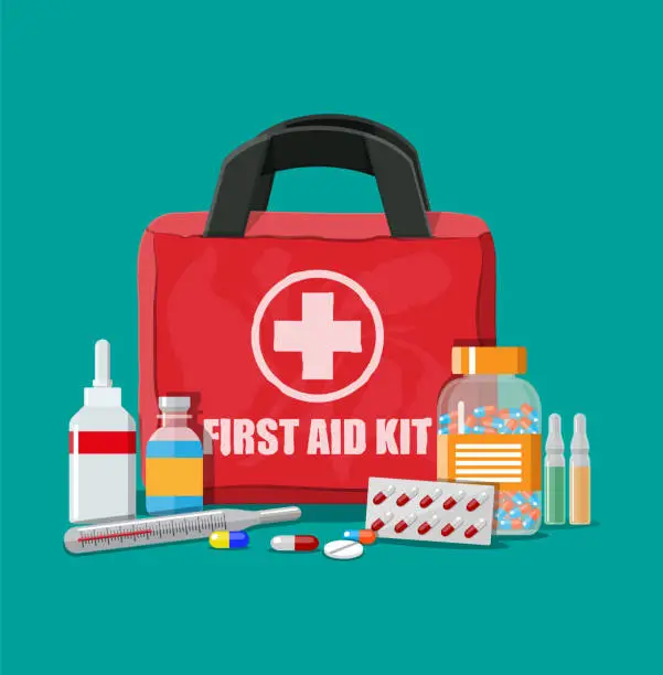 Vector illustration of Medical first aid kit with pills and thermometer