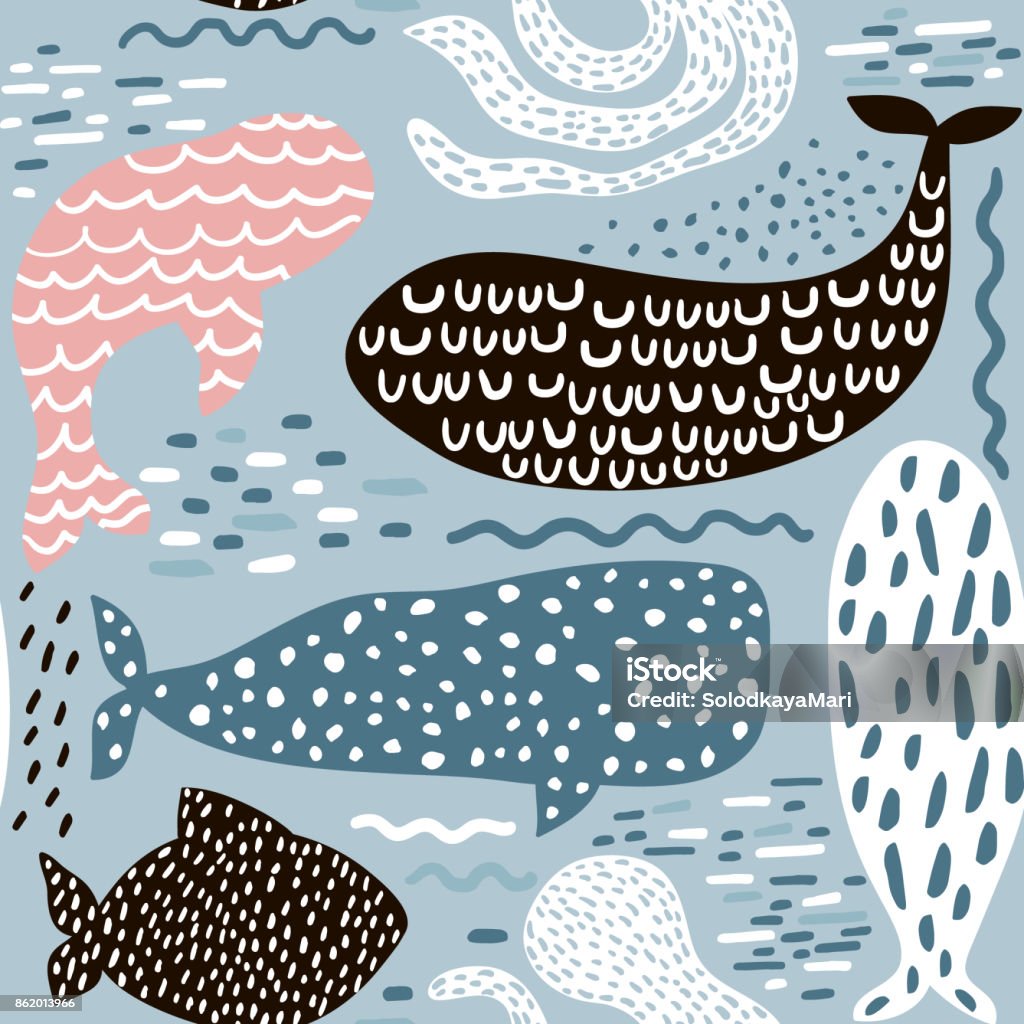 Padrão sem emenda com peles de animais do mar-foca, baleia, polvo, peixe. Textura infantil para tecido, têxteis em tons pastel. De fundo Vector - Vetor de Baleia royalty-free