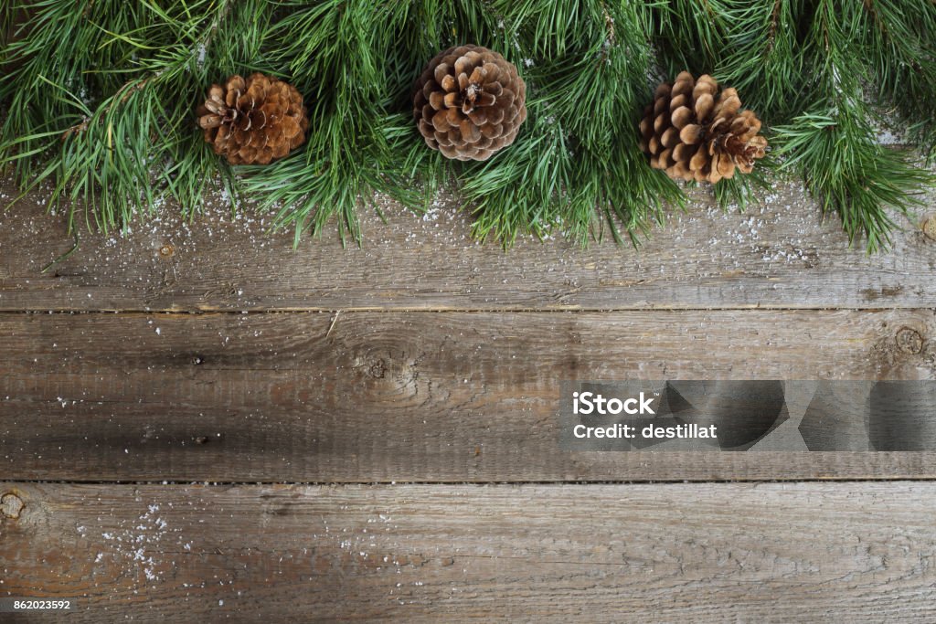 Christmas card on wooden background Christmas card on wooden background with snow fir tree and pine cones. View with copy space Abstract Stock Photo