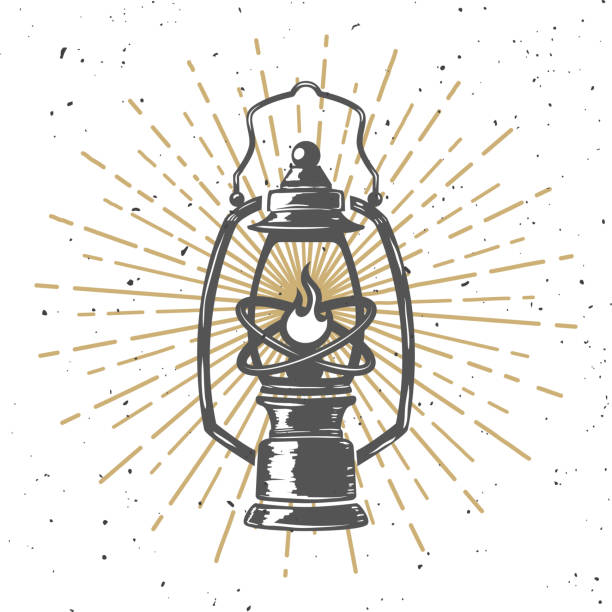 Vintage kerosene lamp with light lines. Design element for poster, greeting card, banner. Vector illustration