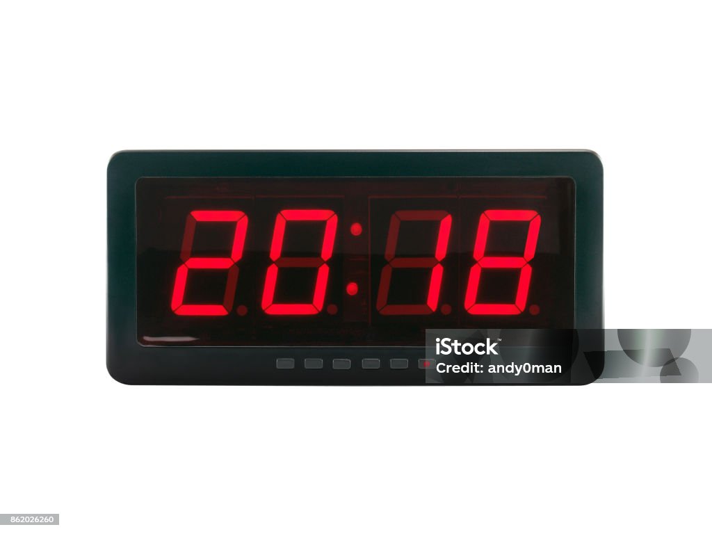 closeup red led light illumination numbers 2018 on black digital electric alarm clock face isolated on white background A.D. symbol for a time of celebrating the New Year Digital Display Stock Photo