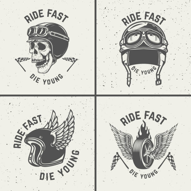 Ride fast die young. Racer helmets, wheel with wings. Design elements for poster, emblem, sign, t shirt. Vector illustration
