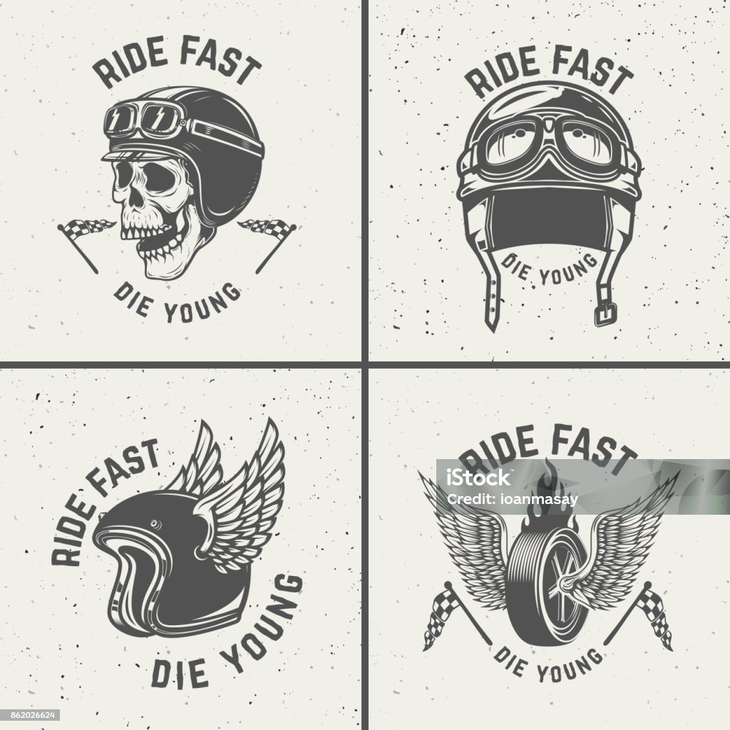 Ride fast die young. Racer helmets, wheel with wings. Ride fast die young. Racer helmets, wheel with wings. Design elements for poster, emblem, sign, t shirt. Vector illustration Motorcycle stock vector
