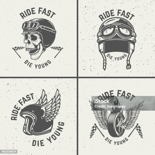 Ride Fast Die Young Racer Helmets Wheel With Wings Stock Illustration - Download Image Now