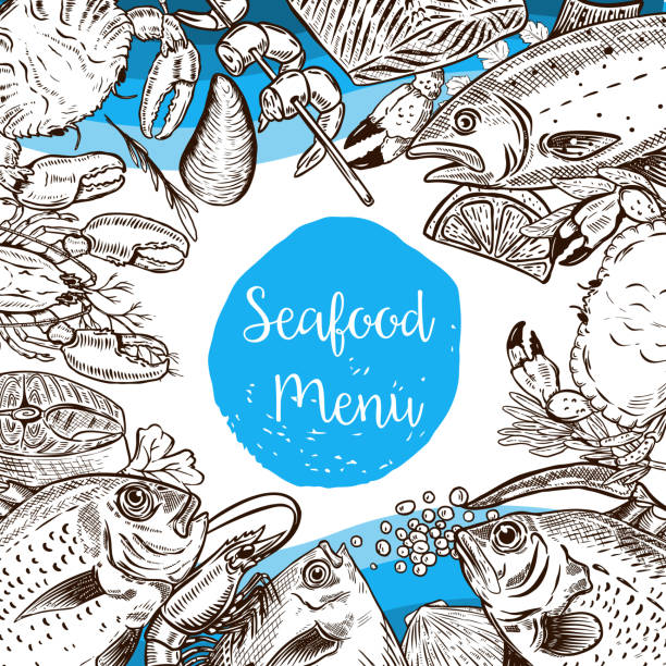Fish restaurant menu design. Vintage seafood illustration.Vector fish menu  template. Hand drawn sea food sketch collection. Decorative fish  background. Stock Vector
