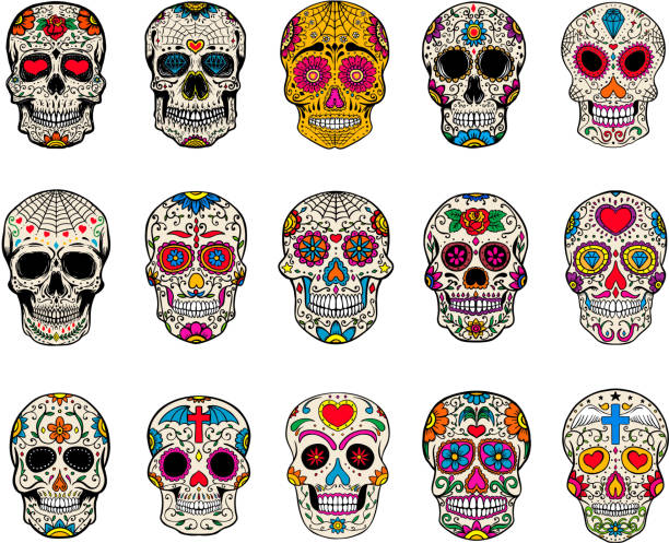 Set of sugar skulls illustrations. Dead day. Dia de los muertos. Set of sugar skulls illustrations. Dead day. Dia de los muertos. Design elements for poster, card, flyer, banner. Vector illustration gothic heart backgrounds stock illustrations