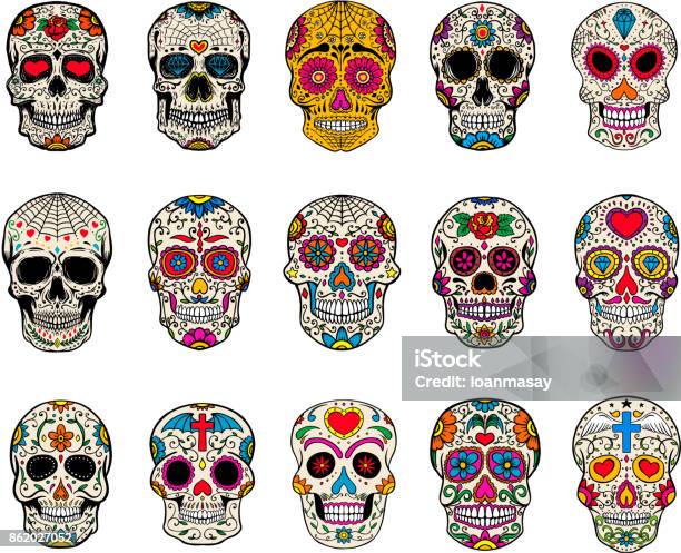 Set Of Sugar Skulls Illustrations Dead Day Dia De Los Muertos Stock Illustration - Download Image Now
