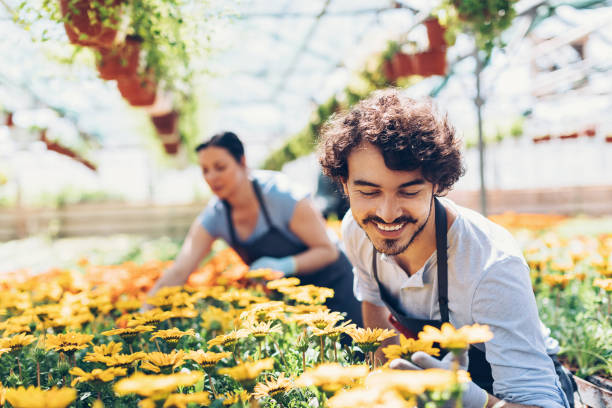 istock Happy gardener looking at the flowers 862034262