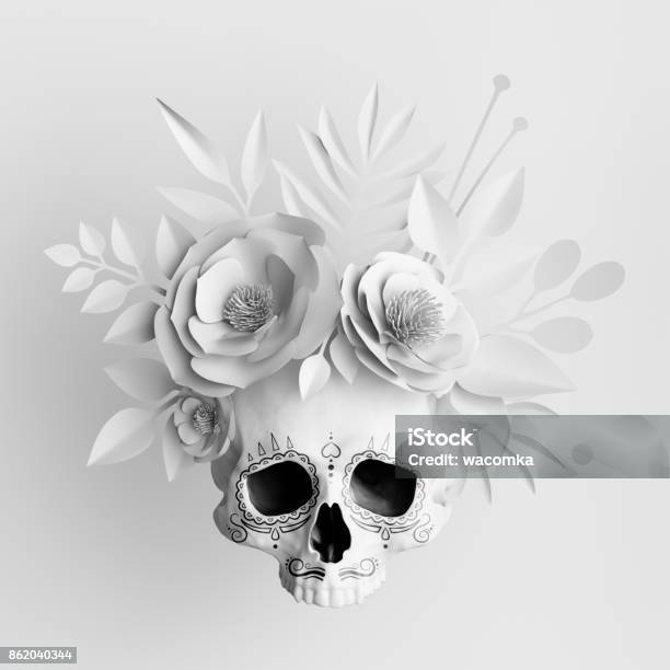 3d Render White Floral Skull Paper Flowers Crown Halloween Background Stock Photo - Download Image Now