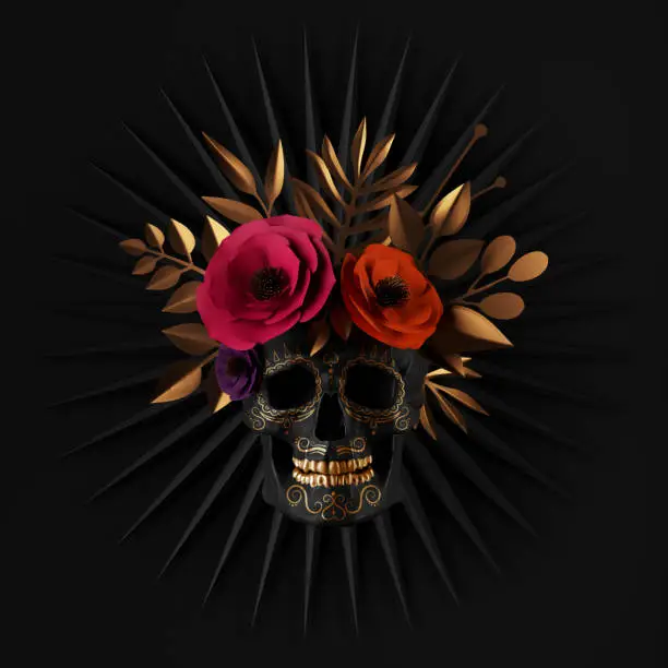 Photo of 3d render, floral skull, red paper flowers, gold leaves, ribbon tag, Halloween decor, isolated on black background