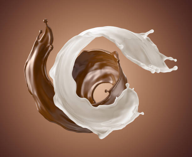 rendu 3d, abstrait liquide, lait, chocolat, beurre, splash, jets ondulés tordus, ingrédients ensemble, clipart éclaboussures isolé - milk chocolate photos et images de collection