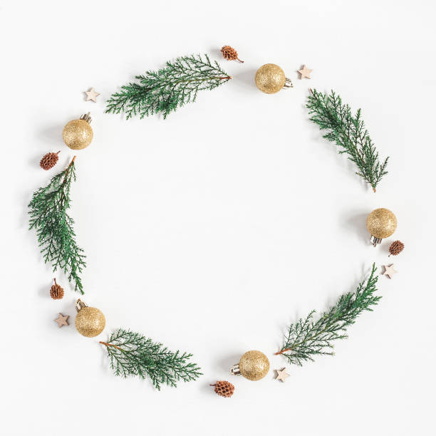 istock Christmas wreath made of pine branches. Flat lay, top view 862044676