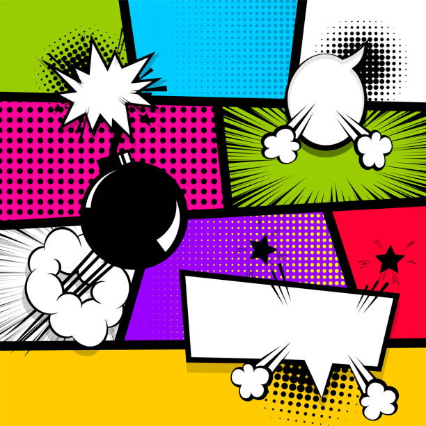 Pop art strip comic text speech bubble bomb Pop art comics book magazine cover template. Cartoon funny vintage strip comic superhero text, speech bubble, balloon, box message, burst bomb. Vector halftone illustration. Blank humor graphic. comic book page layout stock illustrations