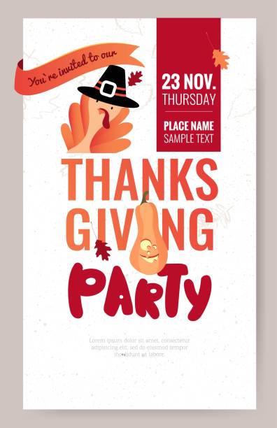 illustrazioni stock, clip art, cartoni animati e icone di tendenza di poster di invito per la cena o la festa del ringraziamento. - thanksgiving dinner party feast day turkey