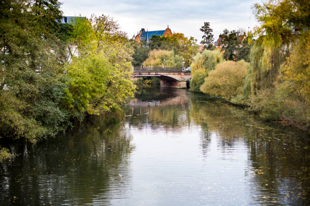 Landscape with river Lahn on autumn day in Marburg, Germany