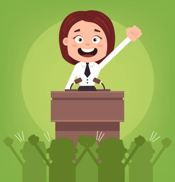 glücklich lächelnd geschäftsmann büro arbeiter politiker frau charakter sprechen von tribüne - politician women president public speaker stock-grafiken, -clipart, -cartoons und -symbole