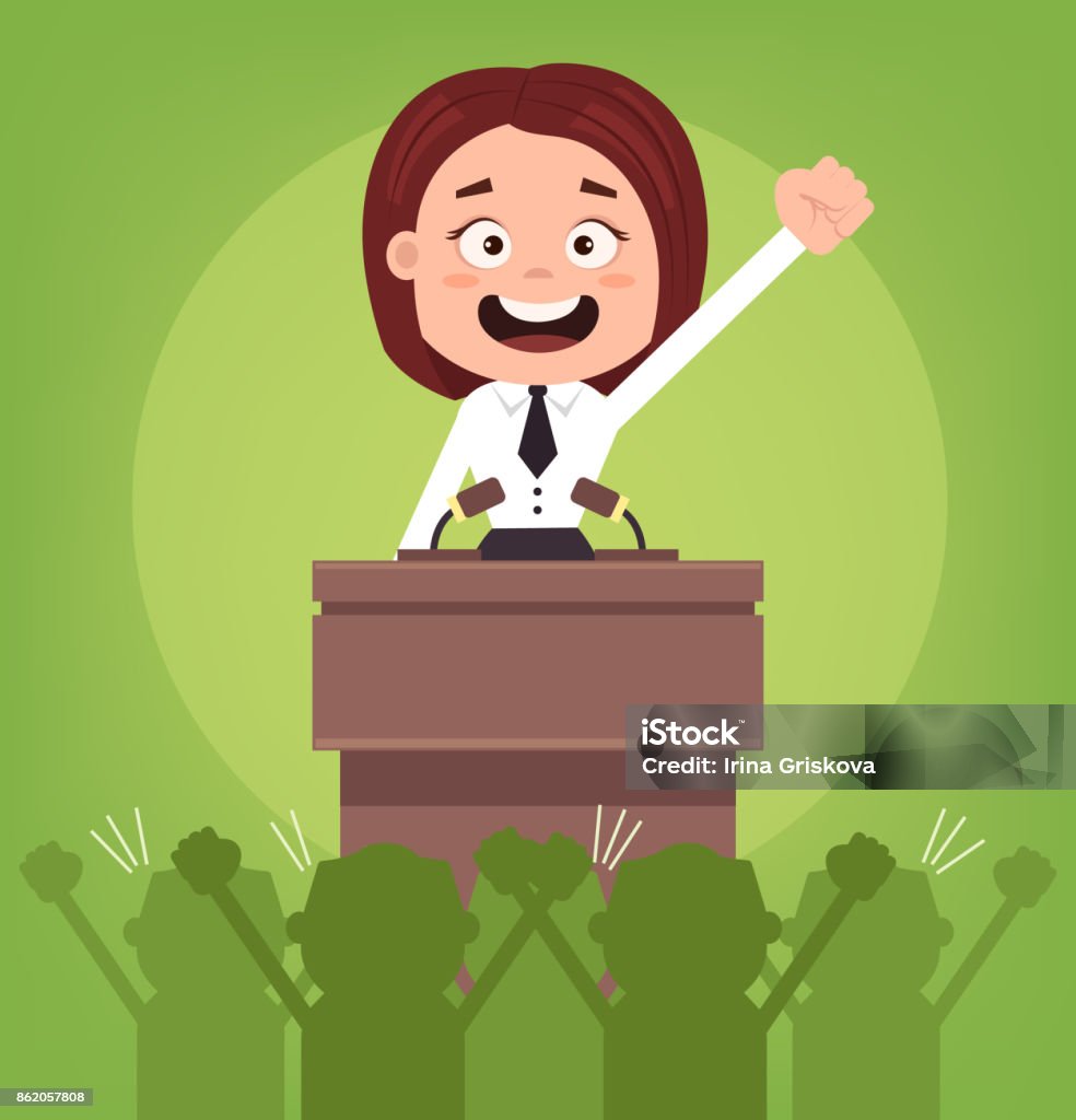 Happy smiling businessman office worker politician woman character speaking from rostrum Happy smiling businessman office worker politician woman character speaking from rostrum. Vector flat cartoon illustration Politician stock vector