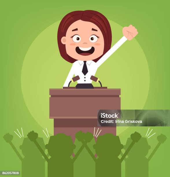 Happy Smiling Businessman Office Worker Politician Woman Character Speaking From Rostrum Stock Illustration - Download Image Now