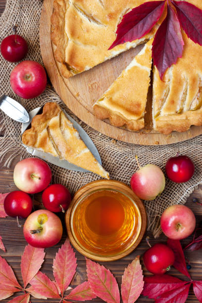 istock Fresh slice of apple pie with whole pie on  background 862061194